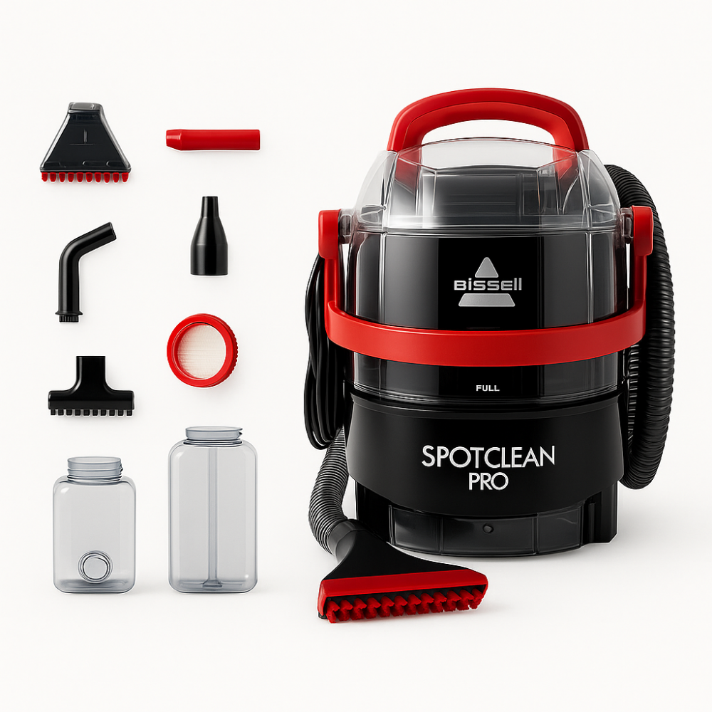 Aspirateur BISSELL SpotClean Pro avec ses accessoires : brosses, filtres et réservoirs.