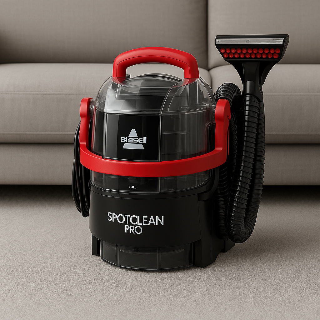 Shampouineuse BISSELL SpotClean Pro posée dans un salon, idéale pour un nettoyage rapide des textiles et tapis.