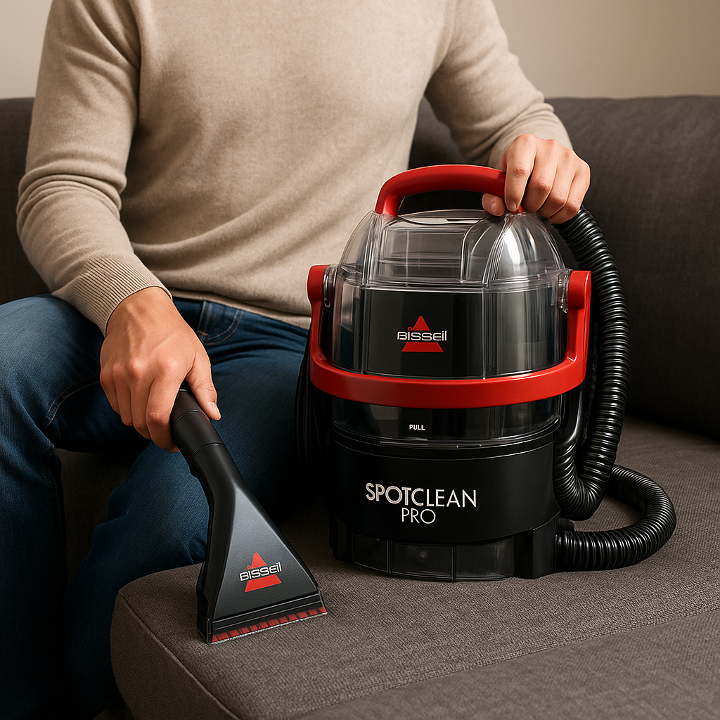 Nettoyage d’un canapé avec la shampouineuse BISSELL SpotClean Pro.