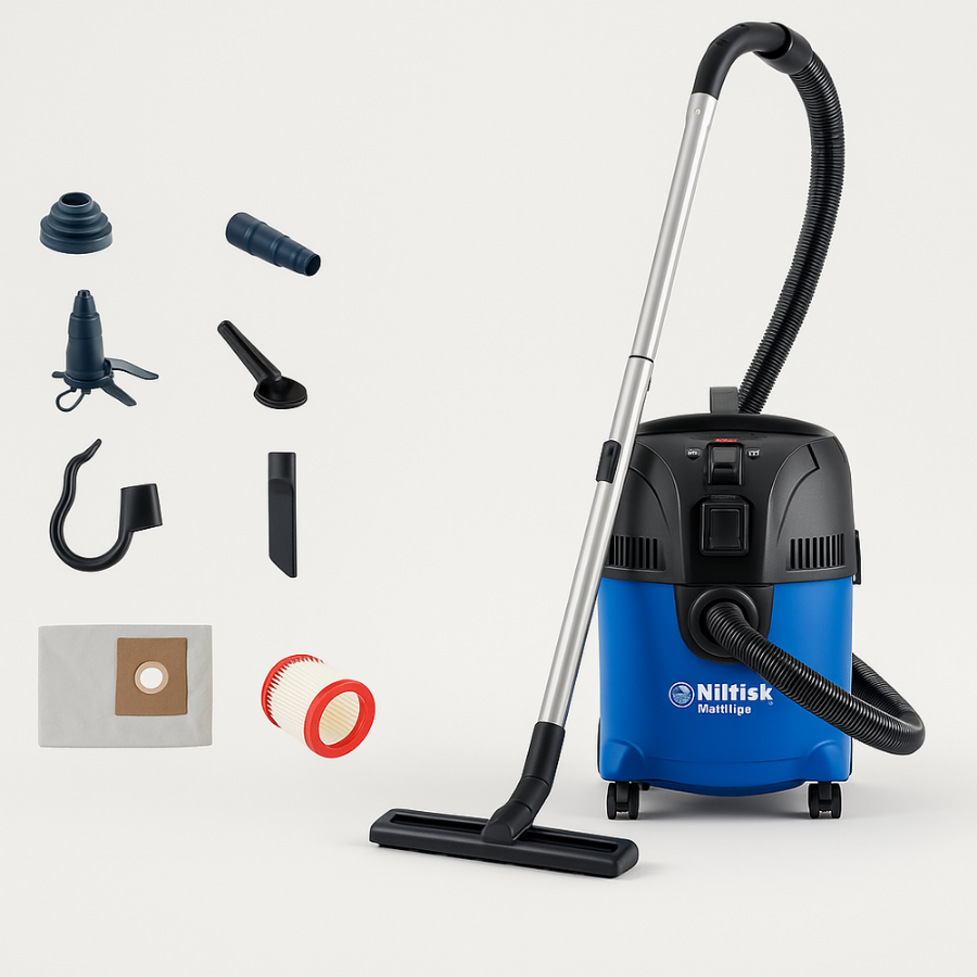 Aspirateur Nilfisk Multi II 22 avec ses accessoires (buses, filtres et sac), idéal pour poussières et liquides, parfait pour chantiers, ateliers et textiles.