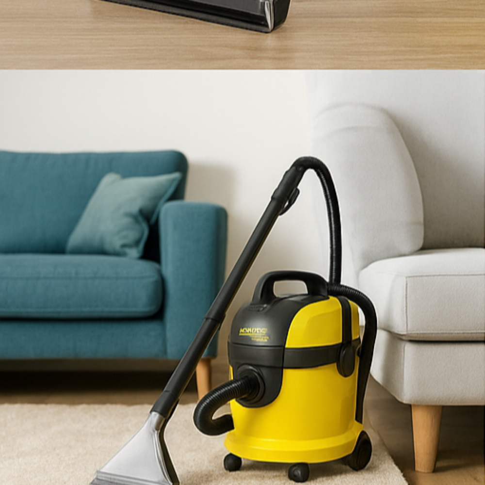 Location shampouineuse Kärcher SE 4001 Plus en utilisation sur tapis et canapé.